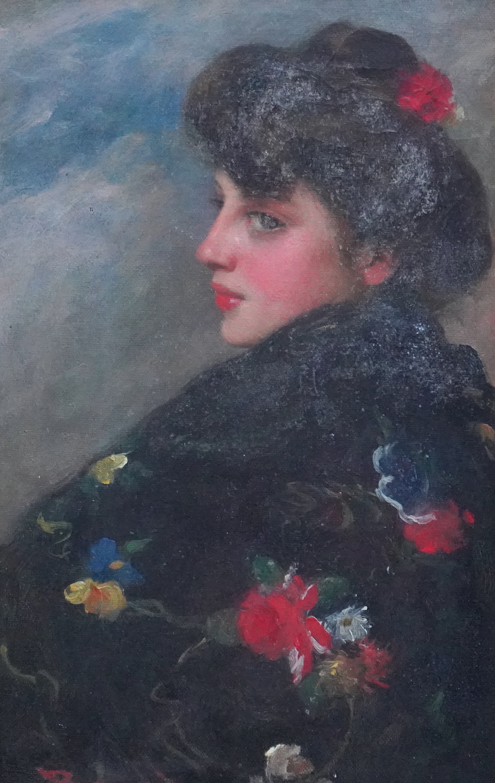 19th Century French School , Portrait of a young lady wearing a floral shawl, oil on canvas, 37 x 24cm